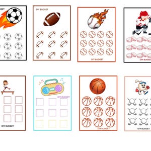 May include: A printable set of 10 DIY budget trackers featuring various sports themes, including football, baseball, basketball, American football, hockey, and golf. Each tracker has a grid of squares for recording expenses.