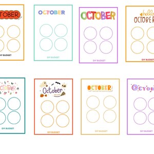 May include: Eight printable DIY budget trackers for October. Each tracker features a different design with the word "October" in various fonts and colors. Each tracker has three blank circles for budgeting.