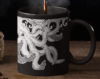 Huge Octopus coffee mug, Black Mug, 15oz coffee cup, sea life cup, marine life ceramic cup, dad gift, men&#39;s gift, black and white art mug