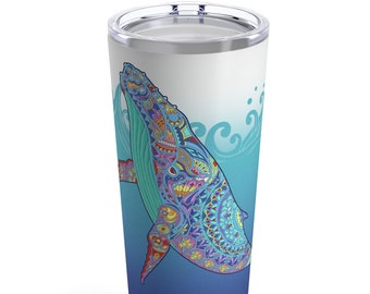 Whale steel travel mug ocean animal tumbler gift for mom sea life cup beach life tentacle gift whale lover little mermaid mandala design