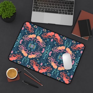 Octopus desk mat, kraken mouse pad, squid lined computer mat, sealife starfish table cover, ocean life desk office supplies, gift for her