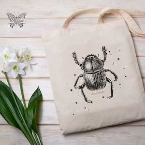 Dung Beetle Natural Cotton Canvas Tote Bag - Vintage Insect Illustration Bag for Beetle Lovers, Entomology Enthusiasts DUB