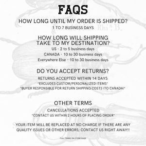 May include: FAQs about shipping and returns for an online shop. The text states that orders ship within 1 to 7 business days, and that returns are accepted within 14 days. The text also includes shipping times to the US, Canada, and other countries.
