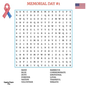 Memorial Day Printable Word Search Puzzles Springtime Party Games ...