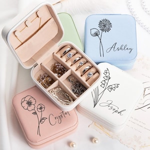 Travel jewellery box for Bridesmaids, Birth Month Flower Travel Case Birthday Gift, Bridal Party Gifts for Her, easter gift