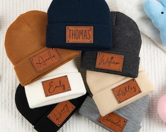 Toddler Leather Patch Beanies,Newborn Baby Beanie with Name, Custom Baby Beanie Hat, Kid Knitted Hat, Baby Shower Gift,Personalized Baby Hat