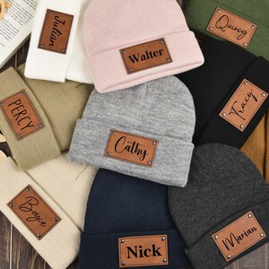 Newborn Baby Beanie with Name, Custom Baby Beanie Hat, Kid Knitted Hat, Toddler Leather Patch Beanies,Baby Shower Gift,Personalized Baby Hat