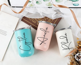 Personalized stainless steel coffee mug, reusable travel mug, a wedding party gift for bridesmaids and groomsmen