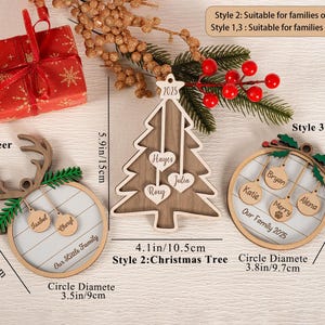 May include: Wooden Christmas ornaments in three styles: deer, Christmas tree, and holly. The deer ornament is 14cm in diameter, the tree is 10.5cm wide, and the holly ornament is 9.7cm in diameter. Each ornament has space for personalization.