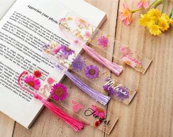 Custom Flower Bookmark, Personalized Floral Bookmark for Women, Resin Bookmark Gift, Name Bookmark, Aesthetic Bookmark with Tassel