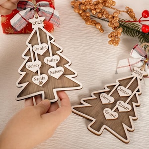 May include: Two wooden Christmas tree ornaments with white outlines. Each tree has heart-shaped name tags and a star with "2025". One tree has names: Daniel, Julian, Kelsey, Nelson, and Stella. The other has: Jason, Merry, Susan, and Grant.