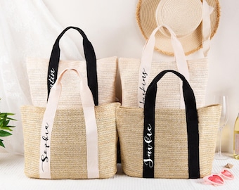Bolsas de paja personalizadas, bolsas de playa de paja personalizadas, bolsas de tela de arpillera, bolsas de regalo para damas de honor, bolsas para despedida de soltera, regalos para la novia, recuerdos de boda