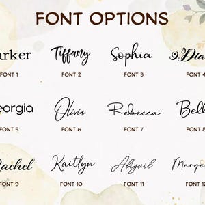 May include: A display of twelve different font options for text. The fonts are labeled with names like "Parker", "Tiffany", and "Sophia", each with a corresponding font number. The words "FONT OPTIONS" are at the top.