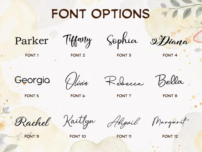 May include: A display of twelve different font options for text. The fonts are labeled with names like "Parker", "Tiffany", and "Sophia", each with a corresponding font number. The words "FONT OPTIONS" are at the top.