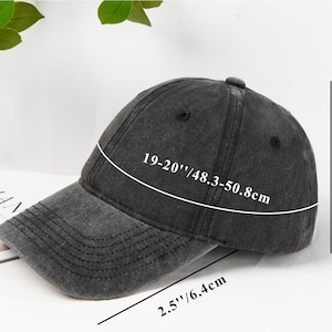 May include: A dark gray baseball cap with a curved brim. The cap measures 19-20 inches (48.3-50.8cm) in circumference and 3.9 inches (9.9cm) in height. The brim is 2.5 inches (6.4cm) long. The cap has a distressed look.