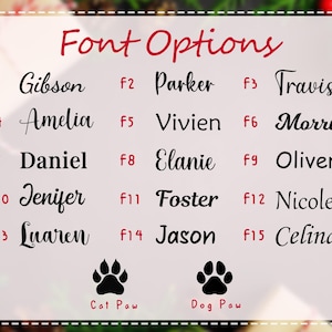 May include: A white background displays "Font Options" in red script, showcasing 15 font styles labeled F1 to F15. Each font is demonstrated with a name. Black paw prints are below, labeled "Cat Paw" and "Dog Paw".