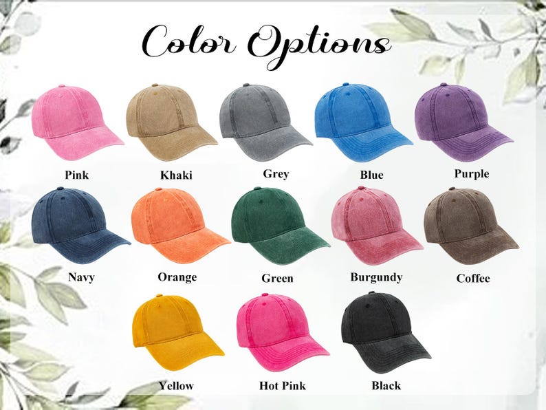 May include: A variety of baseball caps in various colors, including pink, khaki, grey, blue, purple, navy, orange, green, burgundy, coffee, yellow, hot pink, and black. The text "Color Options" is displayed at the top.
