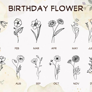 May include: A decorative print featuring twelve line drawings of flowers, each representing a birth month from January to December. The text "BIRTHDAY FLOWER" is at the top, with each month labeled below its corresponding floral illustration.