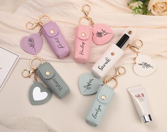 Personalized Lipstick Case for Women, Engraved Lipstick Keychain, Custom Leather Lip Balm Holder with Mirror, Makeup Lover Gift