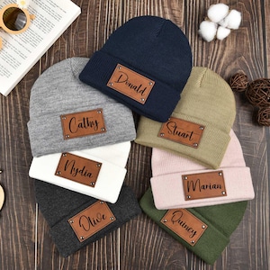 Custom Baby Beanie Hat, Newborn Baby Beanie with Name, Kid Knitted Hat, Toddler Leather Patch Beanies,Baby Shower Gift,Personalized Baby Hat
