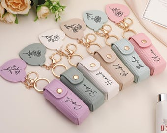Personalized Lipstick Holder Keychain, Custom Engraved Lip Balm Case with Mirror, Birthday Gift for Her, Bridesmaid Gift