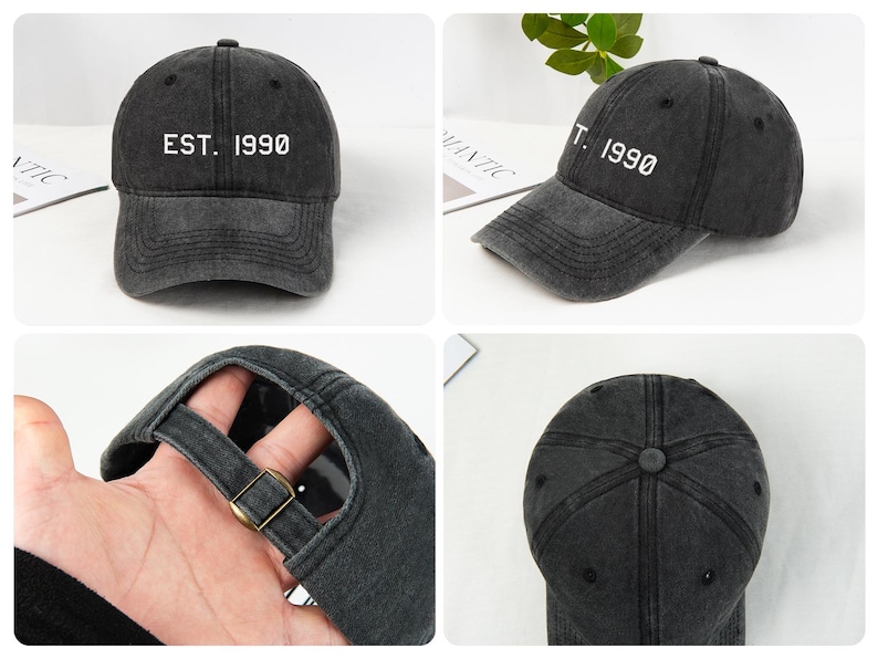 May include: A dark gray baseball cap with the text "EST. 1990" in white. The cap has a curved brim and an adjustable strap with a metal buckle. The hat is made of a worn, faded material.