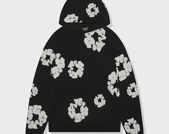 Cotton Wreath Graphic Hoodie | Handmade Streetwear Pullover | Unisex Oversized Fit