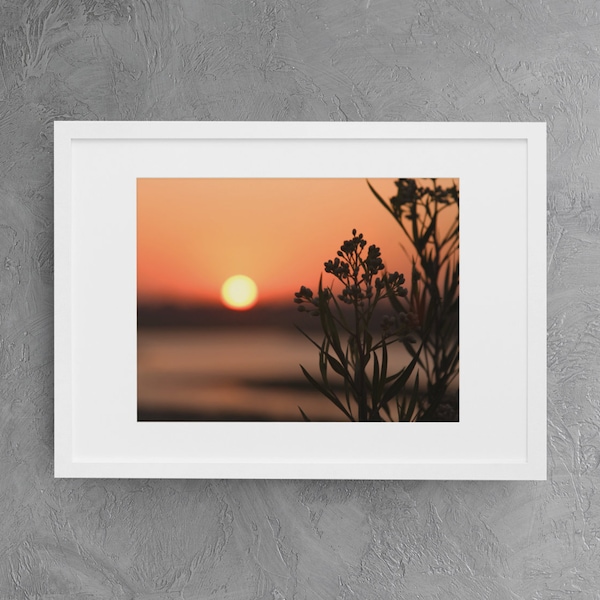 Original print of Newport Back Bay during sunset. Colorful landscape photography with black silhouette against an orange sky.