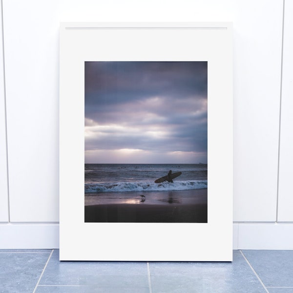 Original print with surfer and surfboard taken at Huntington Beach, California.  Landscape photography with blue and pink skies.