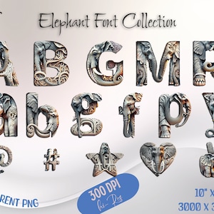 Cute Elephant Font Bundle, Animal Alphabet Clipart, Animals PNG, Kids Birthday Font, Party Letters PNG, Printable Letters, Digital Crafting