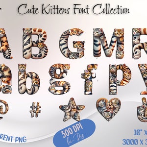 Cute Kittens Font Bundle, Animal Alphabet Clipart, Animals PNG, Kids Birthday Font, Party Letters PNG, Printable Letters, Digital Crafting