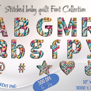Stitched Baby Quilt Font Bundle, Nursery Alphabet PNG, Kids Birthday, 26 Party Letters Clipart, Baby Shower Decor, Digital Download, 300DPI