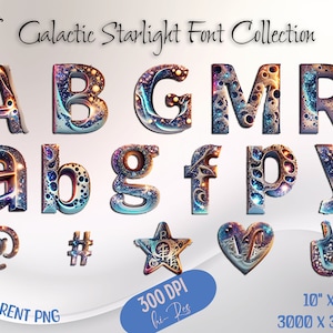 Galactische Starlight-lettertype, alfabet met ruimtethema, Fantasy PNG-letters, partijbrieven PNG, kosmische typografie, digitaal knutselen, verjaardag