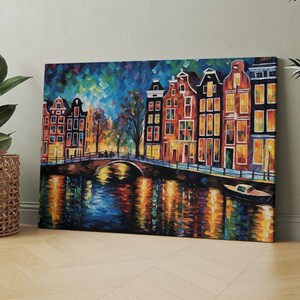 Amsterdam Evening Canal - Watercolor Cityscape Canvas, Dutch Night Art, Unique Netherlands Décor