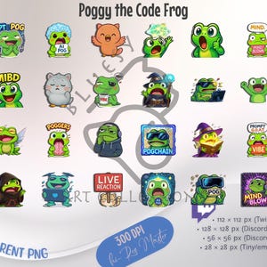 May include: A collection of 20 unique, colorful digital emotes featuring a frog character, each with a different expression and theme. The emotes include text such as "POG", "VIBE", and "POGCHAIN". The image also includes text that says "Poggy the Code Frog".