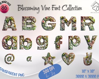 Blossoming Vine Font Bundle, Floral Alphabet PNG, Flower Sublimation, Cute Font, Party Letters Clipart, Digital Crafting and Scrapbooking