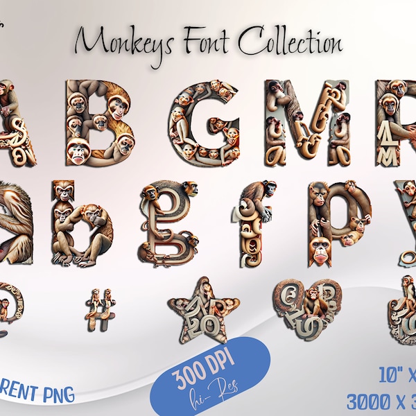 Cute Monkeys Font Bundle, Animal Alphabet Clipart, Animals PNG, Kids Birthday Font, Party Letters PNG, Printable Letters, Digital Crafting