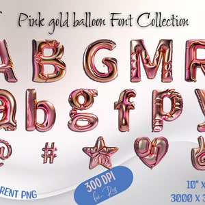 Fonte de balão dourado rosa, alfabeto com tema de festa, letras de festa dourada, letras de festa PNG, tipografia festiva, artesanato digital, aniversário 3D