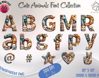 Cute Animals Font Bundle, Animal Alphabet Clipart, Animals PNG, Kids Birthday Font, Party Letters PNG, Printable Letters, Digital Crafting