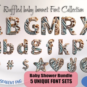 May include: A collection of 5 unique font sets featuring ruffled baby bonnet letters in beige and blue. The letters are arranged in alphabetical order with a few symbols and a heart and star. The text "Ruffled baby bonnet Font Collection" is at the top of the image. The text "Baby Shower Bundle" and "5 UNIQUE FONT SETS" are at the bottom of the image.