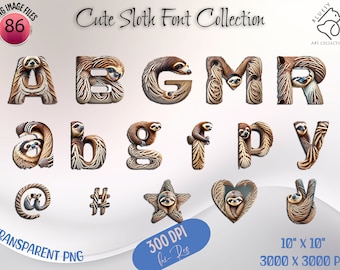 Cute Sloth Font Bundle, Animal Alphabet Clipart, Animals PNG, Kids Birthday Font, Party Letters PNG, Printable Letters, Digital Crafting