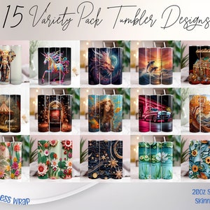 Mega Bundle: 15 Tumbler Sublimation Wraps for 20oz Skinny Tumblers, Variety Pack with Floral, Animal, Assorted Designs, PNG
