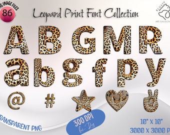 Paquete de fuentes con estampado de leopardo, imágenes prediseñadas del alfabeto animal, animales PNG, fuente de cumpleaños para niños, letras de fiesta PNG, letras imprimibles, elaboración digital