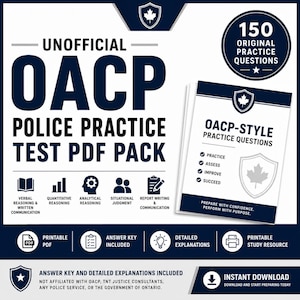 Puede incluir: Un gráfico azul marino y blanco para un paquete PDF de prueba de práctica policial OACP. La imagen incluye texto, iconos y un folleto con preguntas de práctica. El paquete incluye 150 preguntas de práctica originales y está disponible para descarga instantánea.