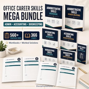 May include: Office Career Skills Mega Bundle featuring workbooks and worked solutions for admin, accounting, and bookkeeping. Includes 560+ practical tasks and 366 pages across multiple manuals, a quick reference guide, and open workbooks with task lists.