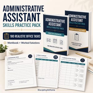 Pode incluir: Dois livros intitulados Administrative Assistant Skills Practice Pack, um rotulado como Practice Workbook e outro como Worked Solutions Guide, ao lado de três páginas impressas mostrando um modelo de e-mail profissional, um calendário semanal e um rastreador de ações de reunião.