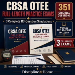 Puede incluir: Dos libros de exámenes de práctica completos CBSA OTEE, uno azul oscuro y otro blanco, con 351 preguntas originales y soluciones detalladas. Incluye un cronómetro digital, una hoja de respuestas, un lápiz y un cuaderno con una hoja de arce dorada.