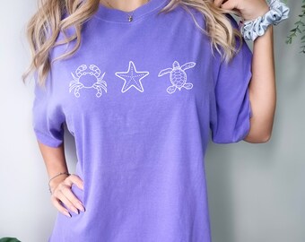 Comfort Colors Beach Tee: Crab, Starfish & Turtle Graphic