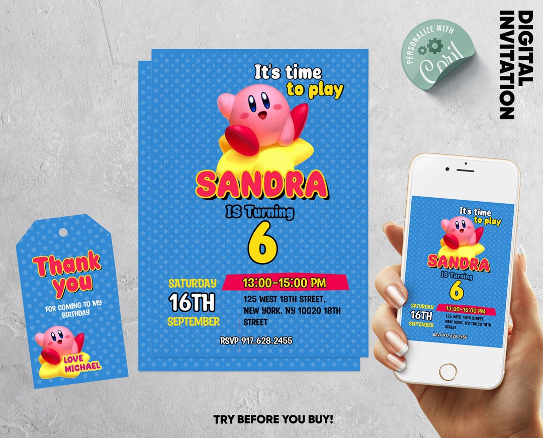 Kirby Birthday Invitation Kids Digital Invitation Kirby Party Invite