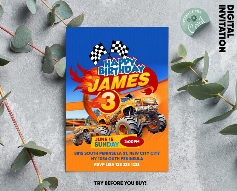Monster Truck Birthday Party Invitation Boys DIY Printable Editable ...